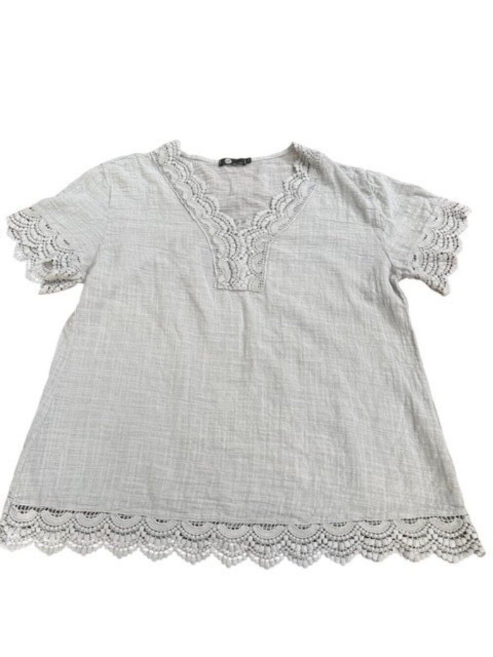 M Made In Italy Large Light Grey Lace Inset Short Sleeve Boho Scalloped V Neck